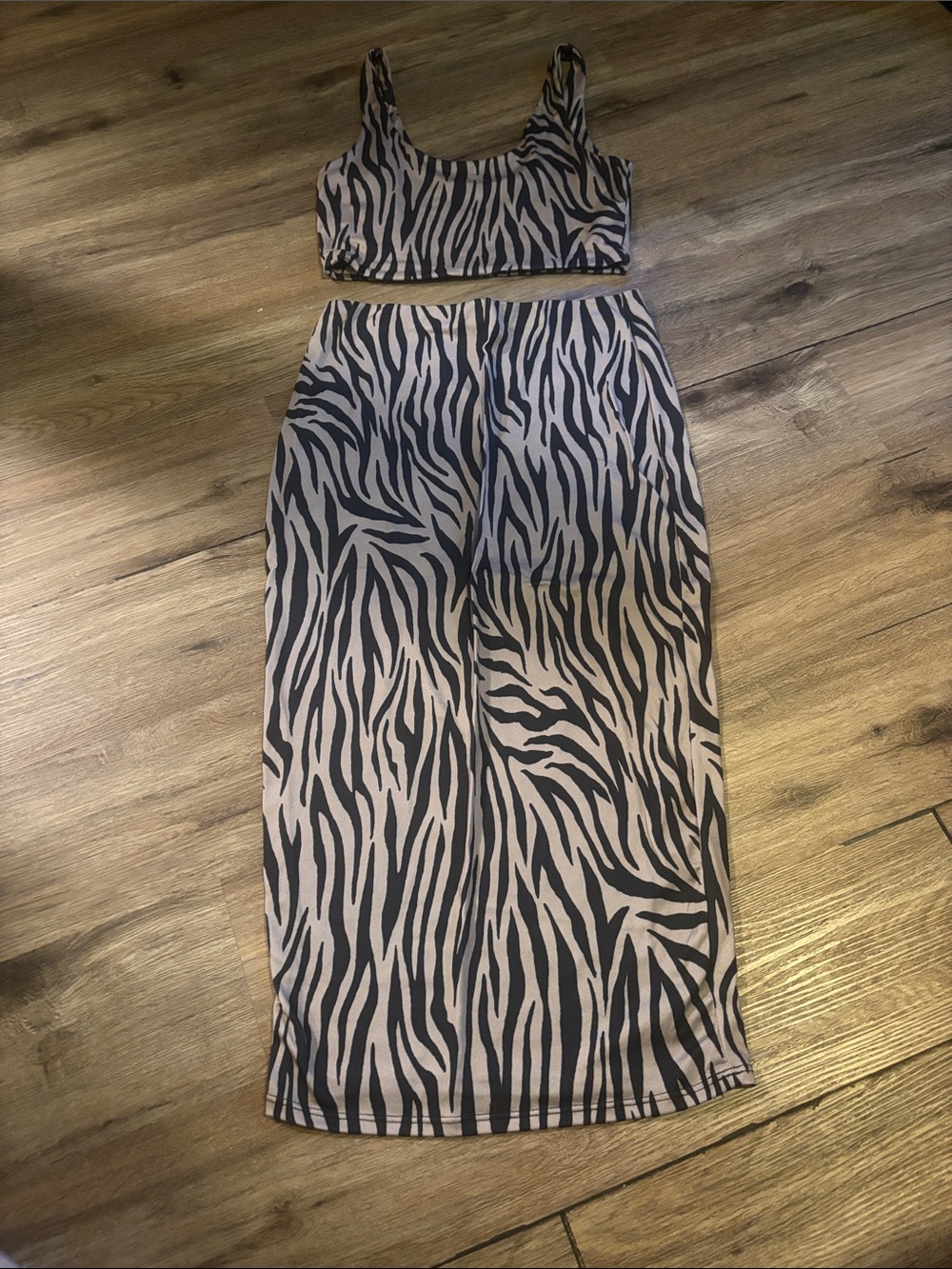 Zebra Print Two-Piece Crop Top and Midi Skirt Set - Black & Cream